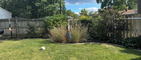 Un jardin avec une clôture en bois, un barbecue et une variété de plantes et d’arbustes.