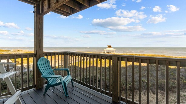A wooden deck with a view of the beach and ocean. - 3196 - Sea Sights - Oceanfront Duck Condo | Walk to Duck Village (Duck)