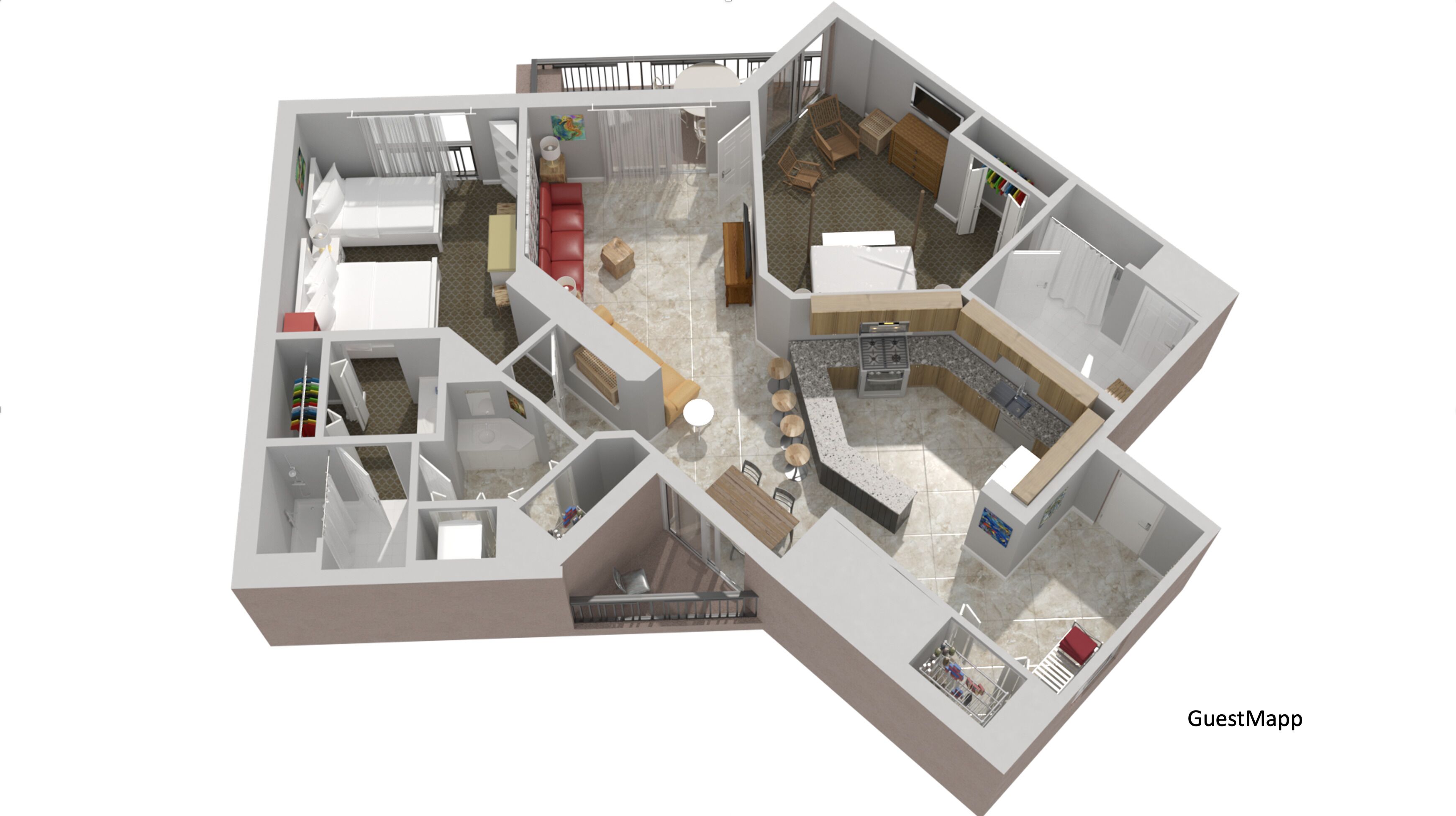 Een 3D plattegrond van een hotel met verschillende kamers, een keukenhoek en een eetruimte.