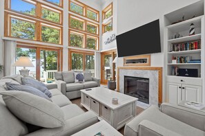 TV, fireplace, DVD player, books