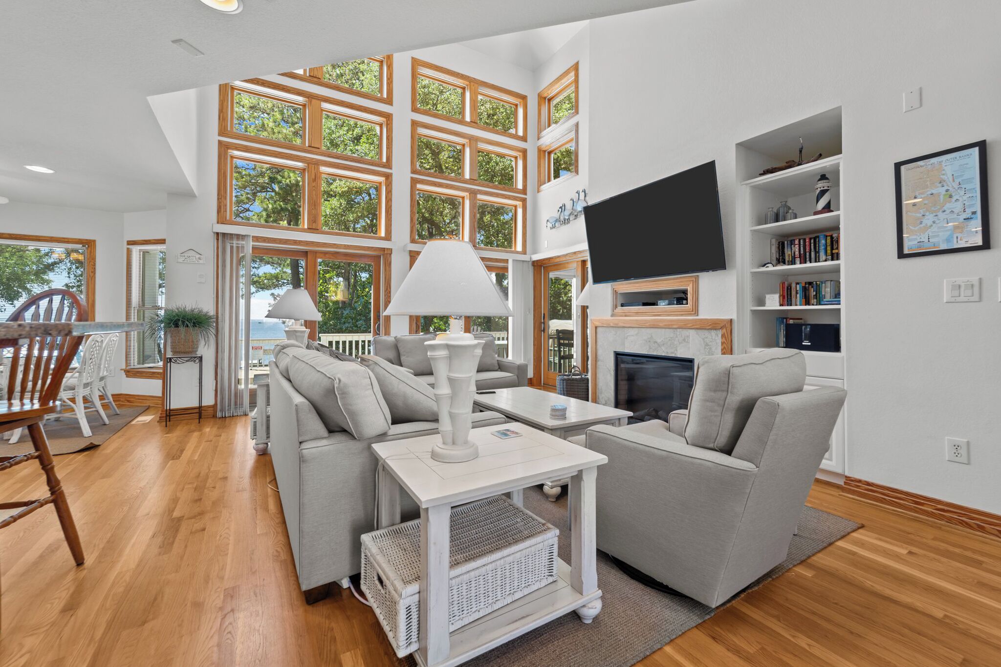 TV, fireplace, DVD player, books