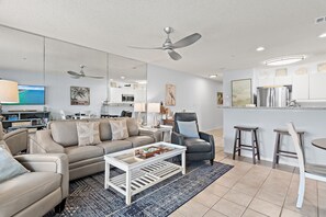Smart TV, fireplace, books