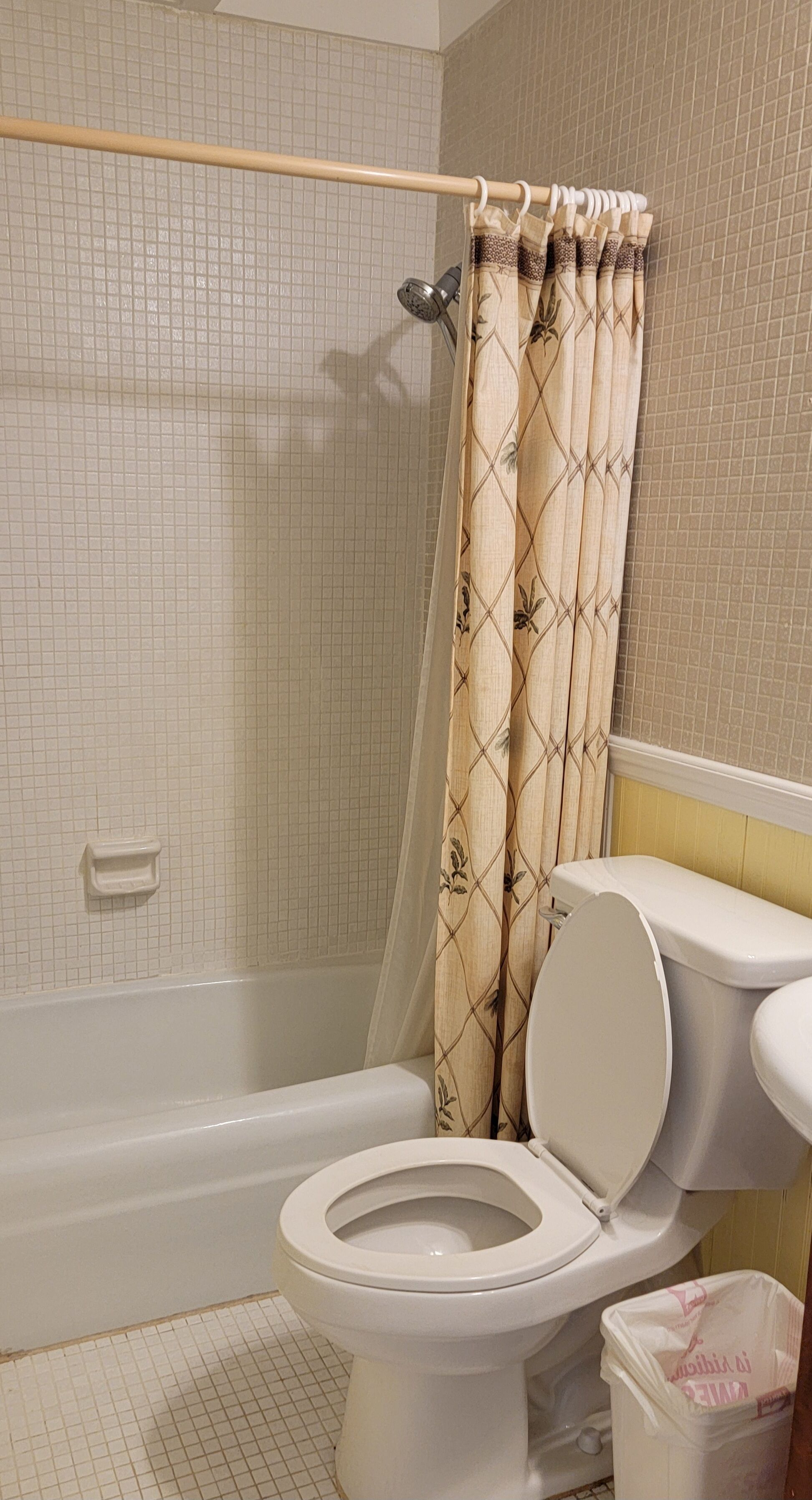 Un baño con inodoro, bañera y cortina de ducha.