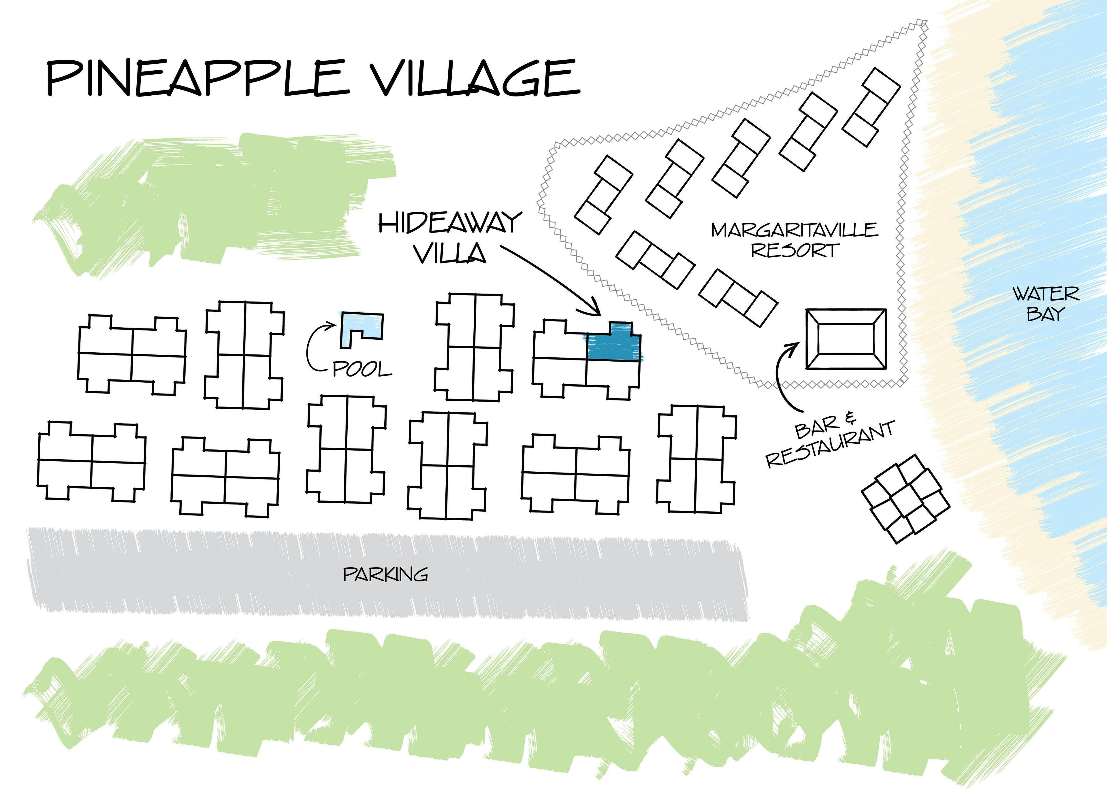 Pianta di Pineapple Village con Hideaway Villa, Piscina, Resort Margaritaville, Water Bay e Bar Ristorante.