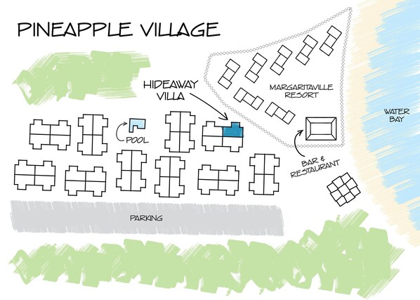 A Pineapple Village layout with Hideaway Villa, Pool, Margaritaville Resort, Water Bay, and Bar & Restaurant. - 150 footsteps to the beach (Estate Smith Bay)
