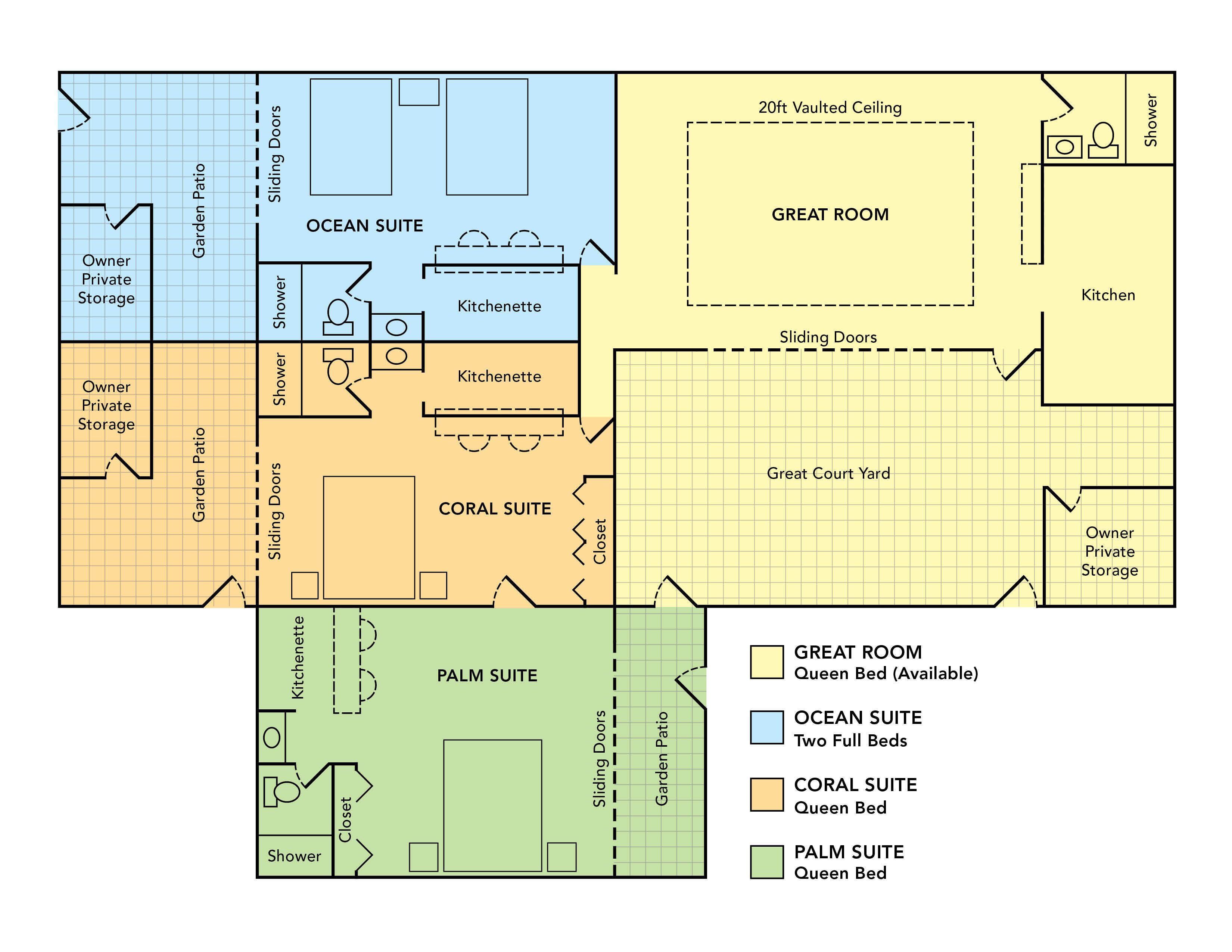 A hotel floor plan with four suites: Ocean, Coral, Great Room, and Palm. Each suite has a garden patio, sliding doors, and a kitchenette. The Great Room has a vaulted ceiling and a shower.