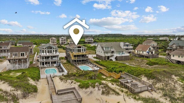 A coastal residential area with multiple houses, a swimming pool, and a beach access area. - 5785- Southern Comfort - South Nags Head Oceanfront Retreat (Nags Head)