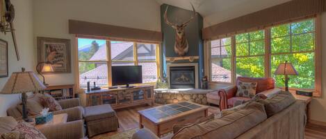 Smart TV, fireplace, DVD player, foosball