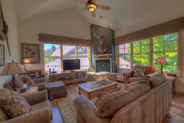 Smart TV, fireplace, DVD player, foosball