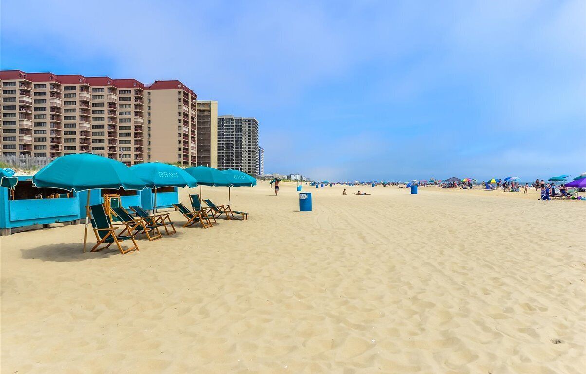 Uma praia com fileiras de guarda-sóis azuis e espreguiçadeiras, um contentor de lixo e edifícios altos ao fundo.
