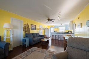 Flat-screen TV, DVD player, video library