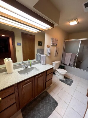 Combined shower/tub, jetted tub, hair dryer, towels