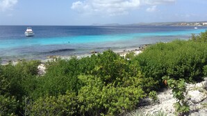 Paesaggio costiero con una barca sull'acqua, vegetazione sullo sfondo e cielo sereno.