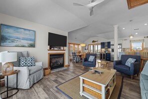 TV, fireplace, DVD player, video library