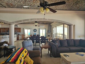 Smart TV, fireplace, books, stereo