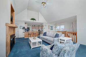 TV, foosball, books, video library