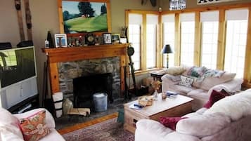 Smart TV, fireplace, DVD player, books