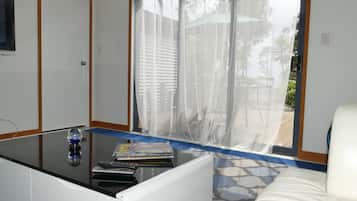 Televisio, takka, DVD-soitin, pöytätennispöytä