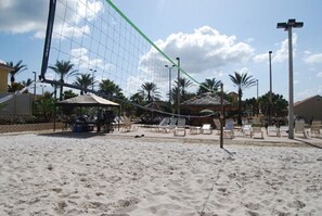 Una cancha de voleibol de playa con red, palmeras y sillas.