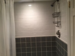 Combined shower/tub, hair dryer, soap, toilet paper