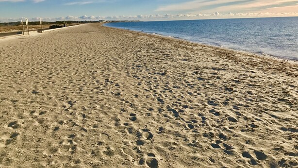 Una ampla platja de sorra amb petjades que condueixen a l'aigua.