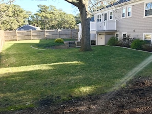 A residential backyard with a well-maintained lawn, a large tree, and a house with a balcony. - Central A/C, Walk to Beach, Gated Yard, Wifi, HD TV, Gas Grill, Firepit (West Dennis)