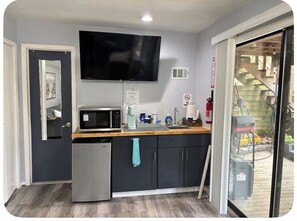 Fridge, microwave, coffee/tea maker, toaster