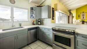 A modern kitchen with grey cabinets, a dishwasher, and a stainless steel stove. - Paradise Awaits (Christiansted)