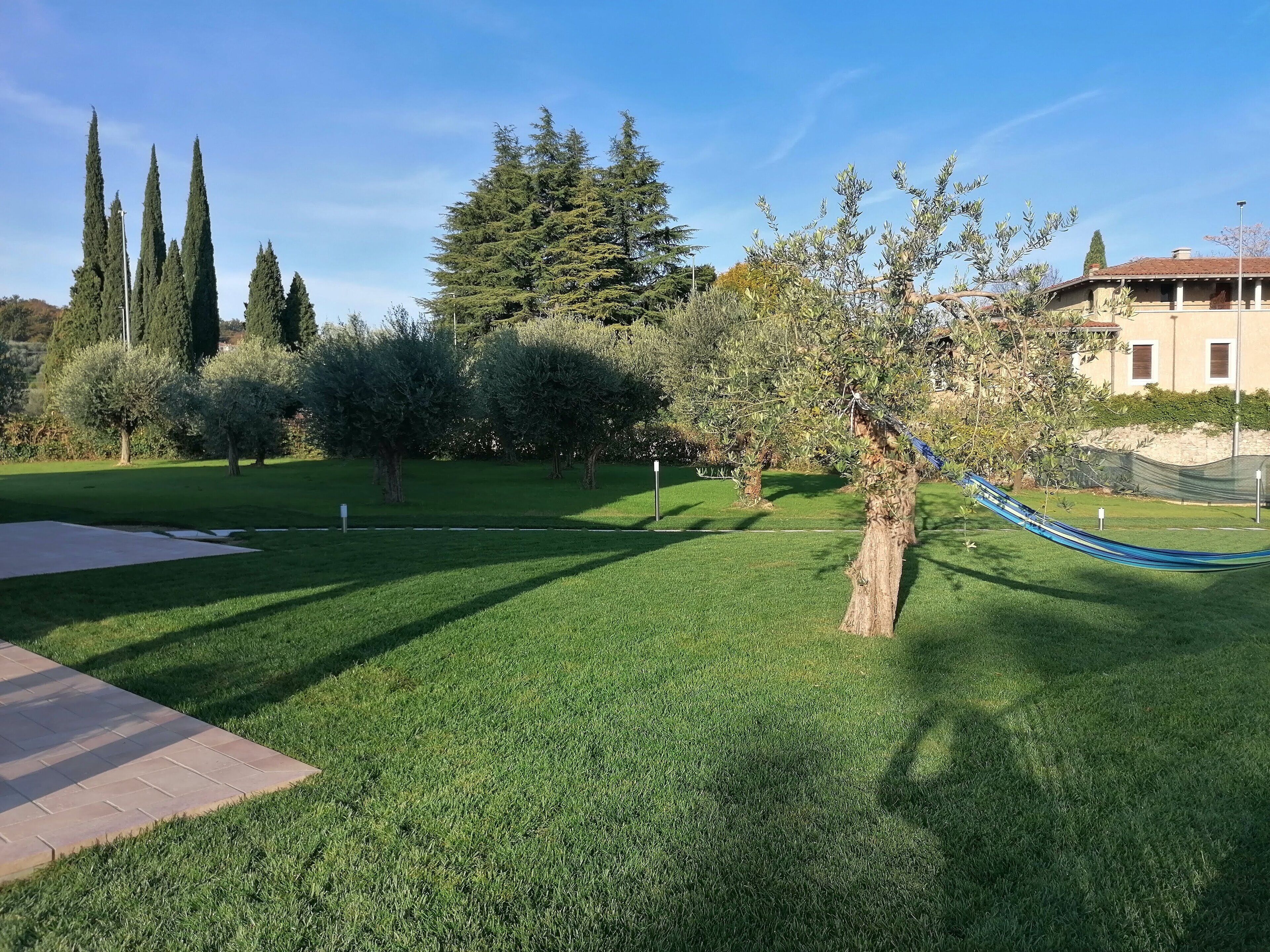Zona verda ben cuidada amb un hamaca, arbres i un edifici al fons.