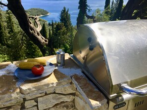 Enjoy al fresco dining with a grill and scenic views of the coastline.
