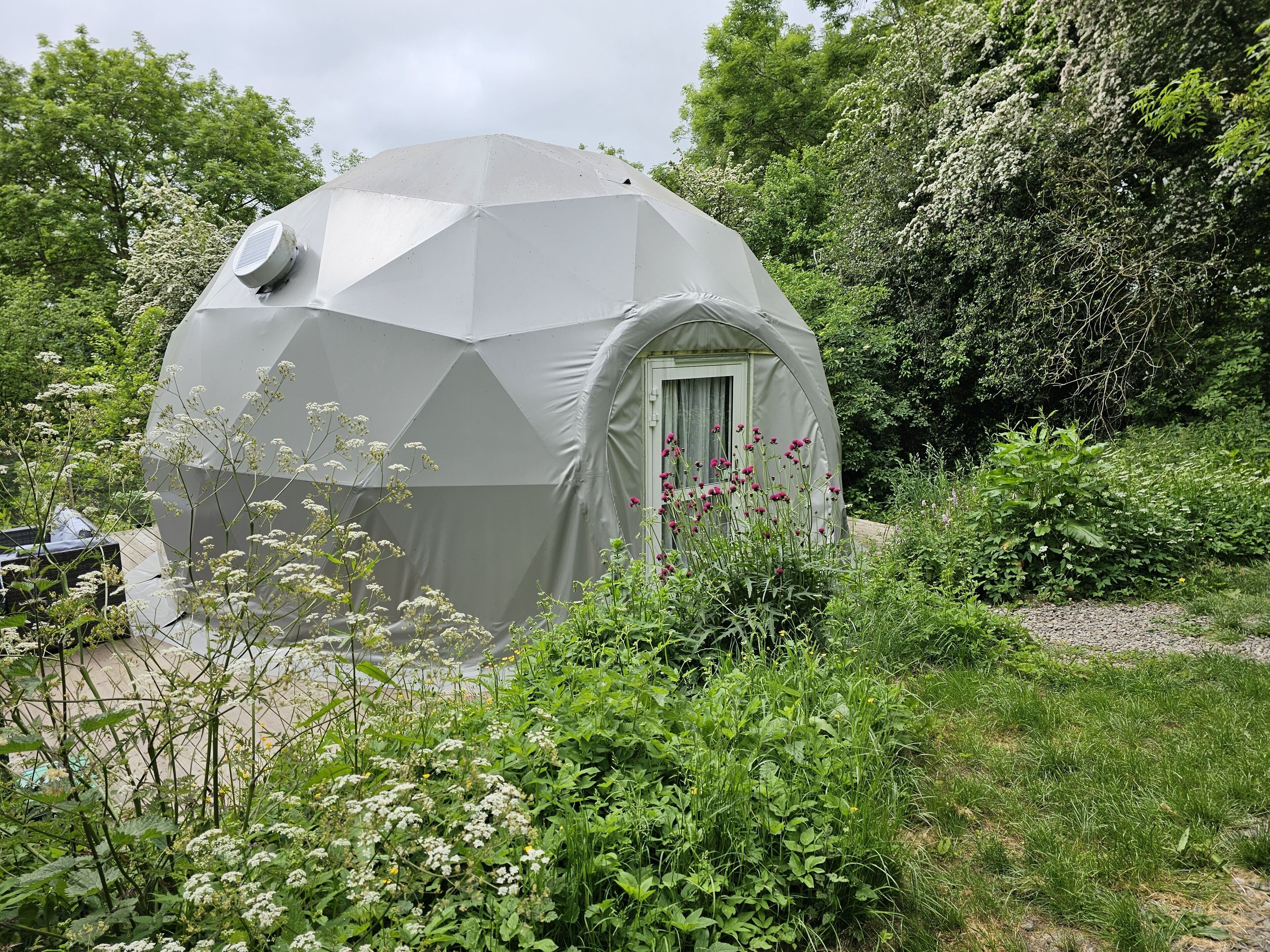 A geodesic dome structure with a door and a small window, surrounded by lush greenery and flowering plants.
