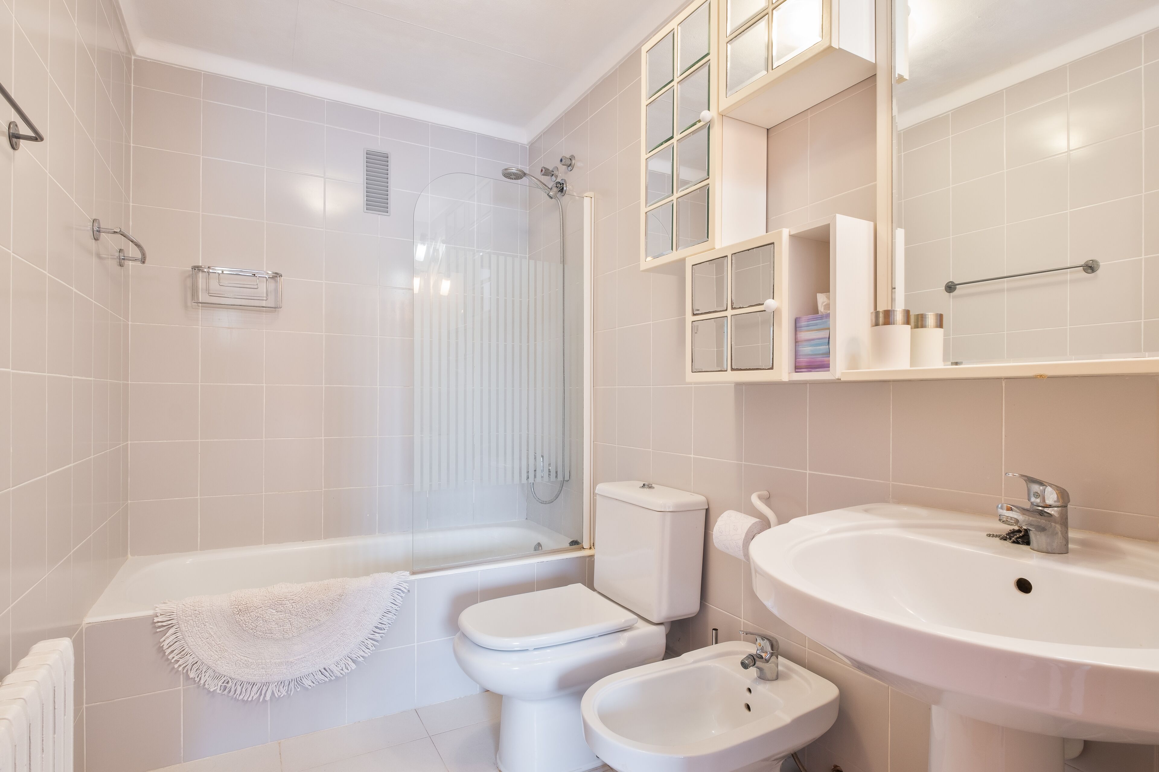 Een bad/douchecombinatie, een haardroger, een bidet, handdoeken