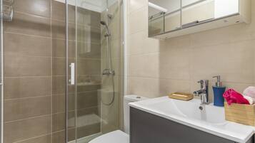 Shower, hair dryer, soap, shampoo