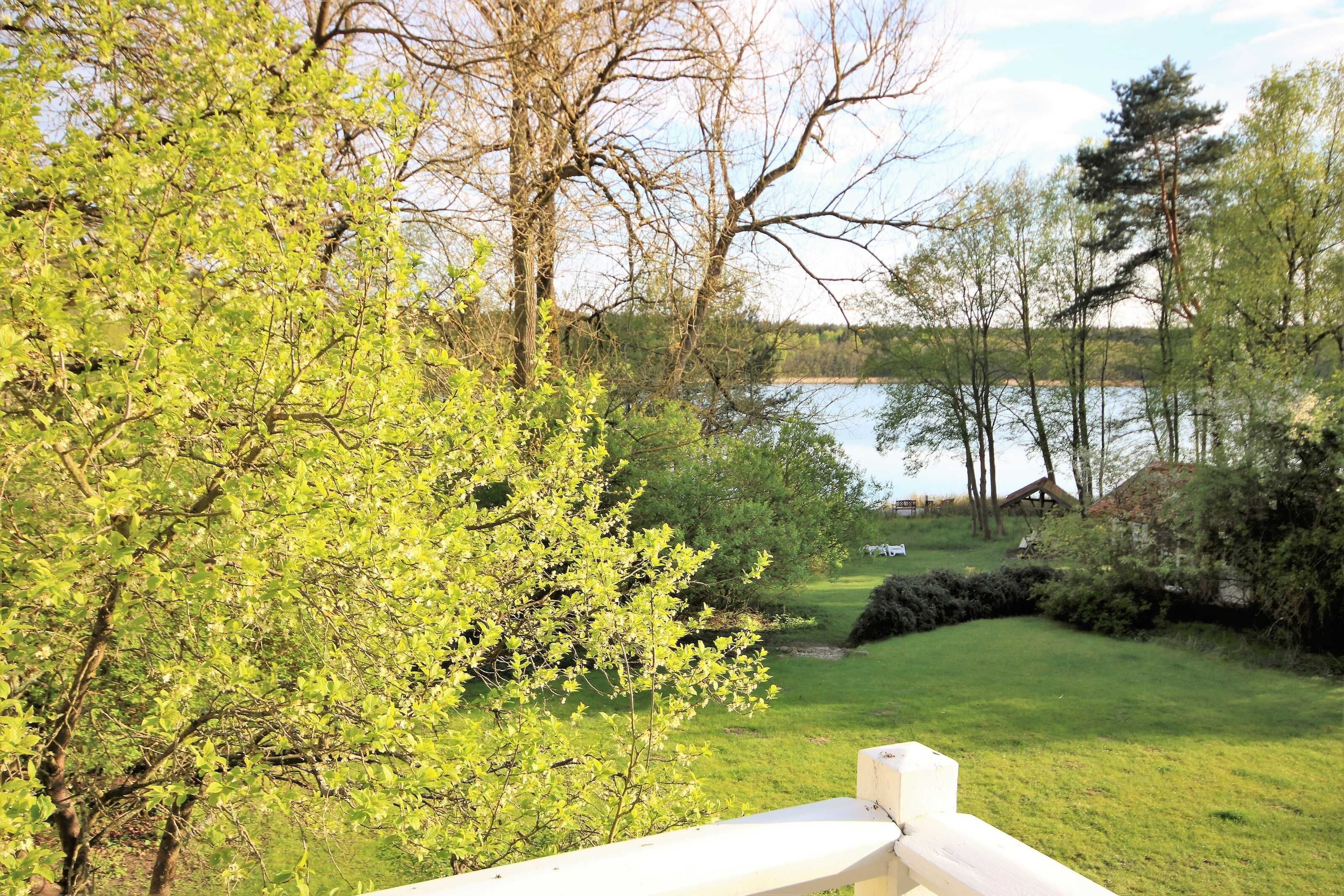 A grassy area with trees and a body of water in the background.