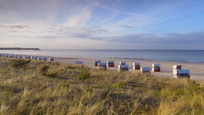 A beach with rows of striped beach chairs and a pier in the background. - Haffblick Whg. Ha31, Germany (Ostseebad Boltenhagen)