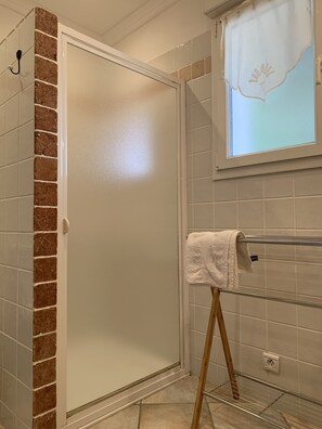 Shower, hair dryer, bidet, towels