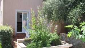 A garden area with a variety of plants and a stone water feature.