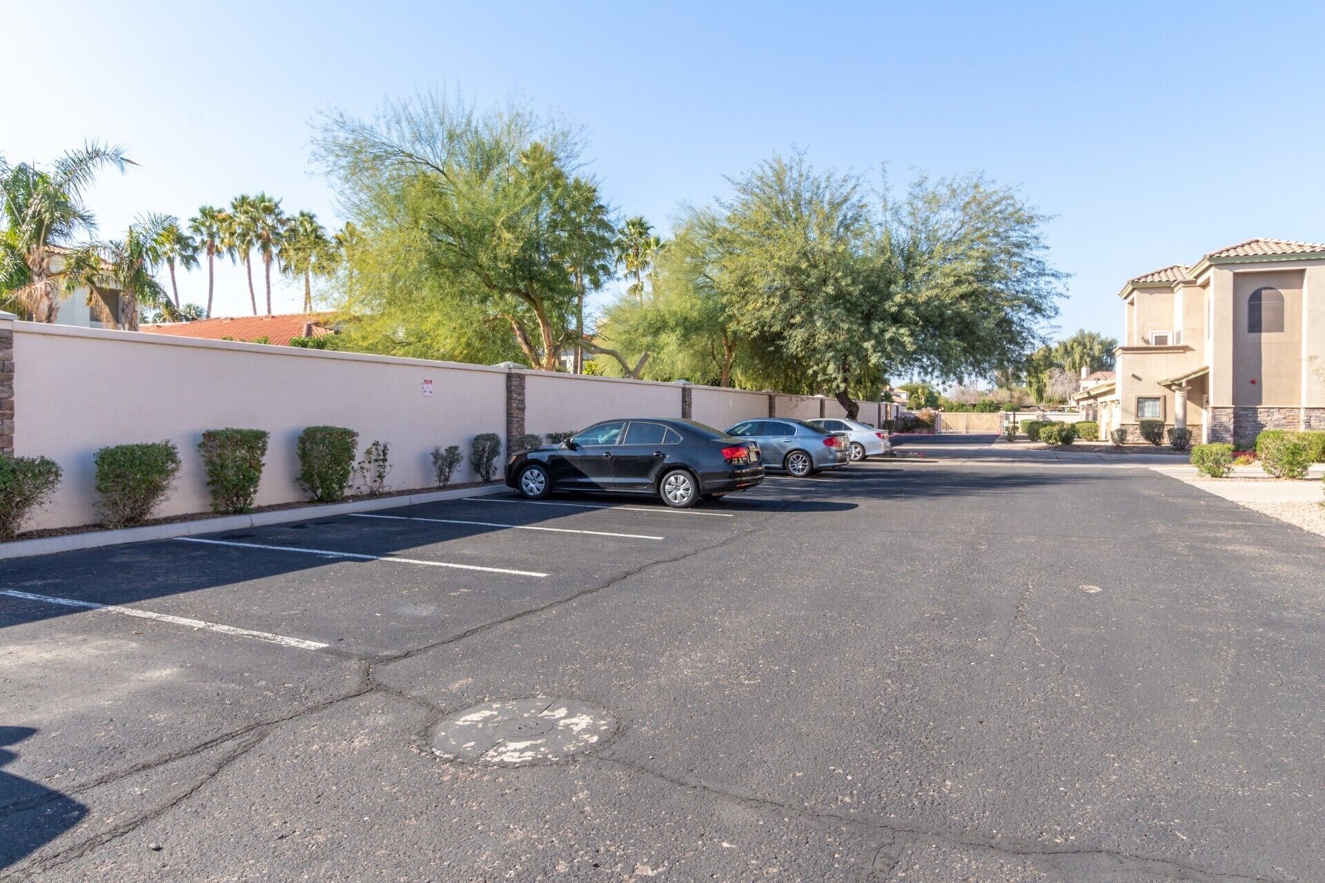 A parking lot with several cars parked. There are trees and a building in the background.