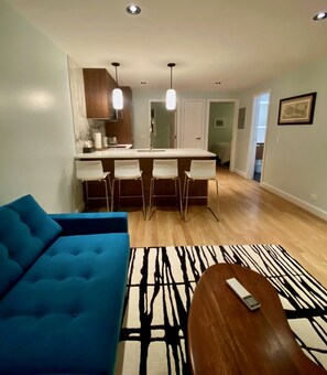 Smart TV, fireplace, DVD player, books