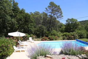 A swimming pool surrounded by lush greenery and a patio area with outdoor furniture.