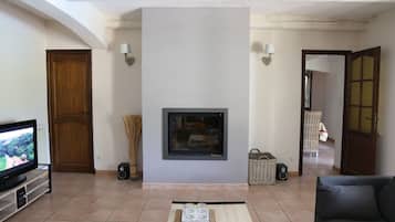 Télévision, cheminée, livres, imprimantes