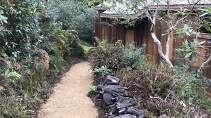 Een smal pad van aarde dat leidt naar een houten constructie met een schuin dak, omringd door dichte begroeiing en bomen.