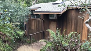Een houten chalet met een klein terras, omgeven door dichte begroeiing.