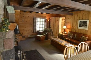 Smart TV, fireplace, DVD player, books