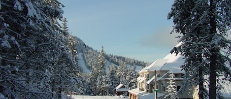 Un barrio residencial cubierto de nieve, con una casa y coches aparcados.