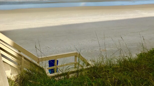A beach with a wooden staircase leading down to the shore, a clear sky, and a visible rainbow. - Beautifully Updated Ground Floor Condo, Direct OCEAN Front on NO-DRIVE Beach! (New Smyrna Beach)