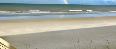 On the beach, sun loungers, beach towels