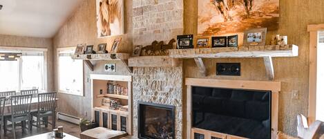 TV, fireplace, DVD player, books
