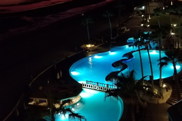 Amazing nighttime pool photo from balcony