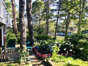 Ein Garten mit einer Holzbank, einem Weg und verschiedenen Blumen.